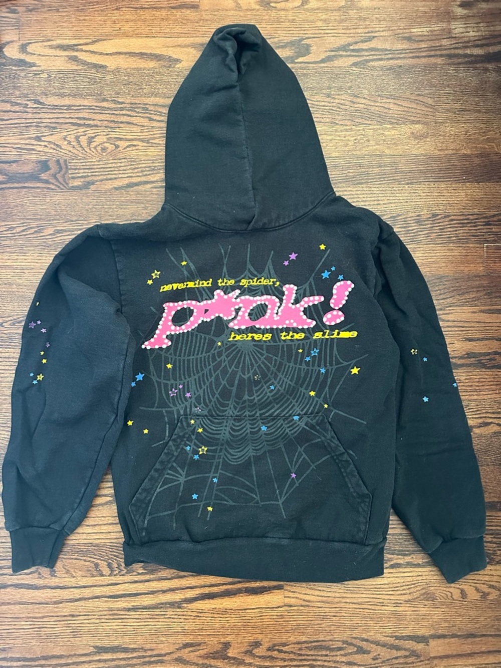 Spyder Black Hoodie with Pink Logo and Multicolor Star Accents